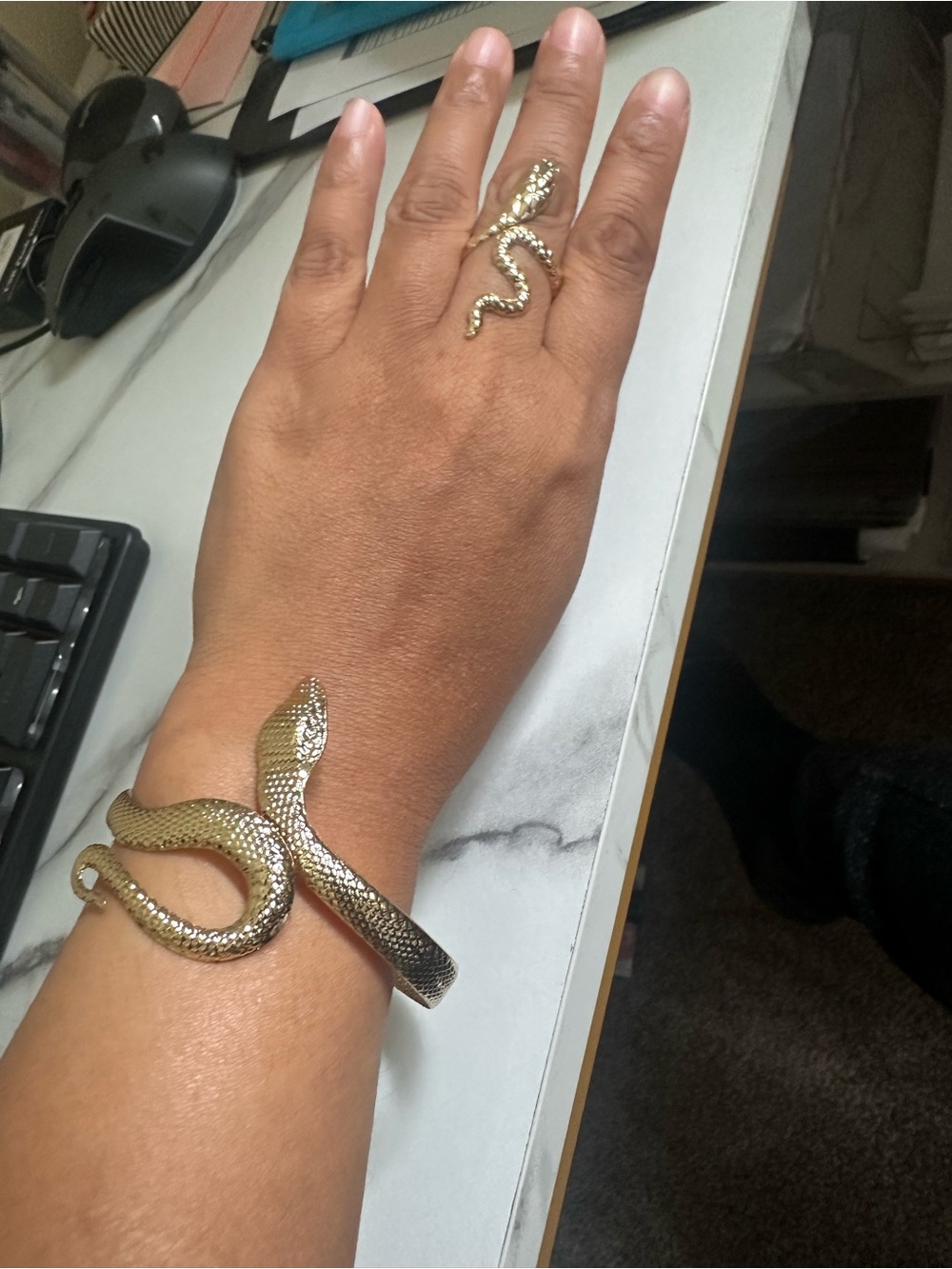 Gold tone Snake Wrap Bracelet and Ring Set